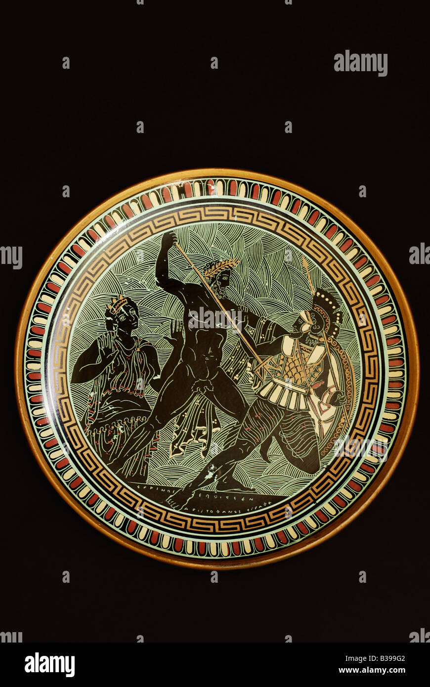 Hand gemachte Platte, Poseidon bekämpft Polybotes Stockfoto