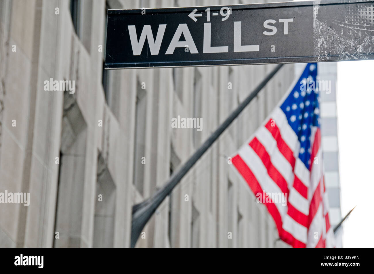 Wall Street Street Schild American Flag New York City // NEW YORK CITY, Vereinigte Staaten – die Wall Street-Schilder stehen an der Kreuzung mit der amerikanischen Flagge im Hintergrund. Diese ikonische Kreuzung im Finanzviertel Manhattans repräsentiert das Herz des amerikanischen Finanz- und Kapitalismus. Die Wall Street beherbergt die New Yorker Börse und zahlreiche Finanzinstitute, die sowohl als physischer Ort als auch als mächtiges Symbol des amerikanischen Wirtschaftssystems dienen. Die Gegenüberstellung der Straßenschilder mit den Stars and Stripes unterstreicht die tiefe Verbindung zwischen den Amerikanern Stockfoto