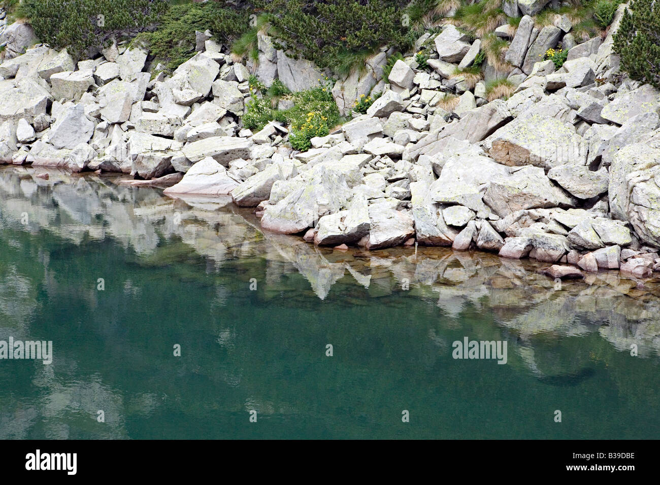 Felsige Ufer des Samodivski Ezera See in World Heritage Site Nationalpark Pirin Bulgarien Stockfoto