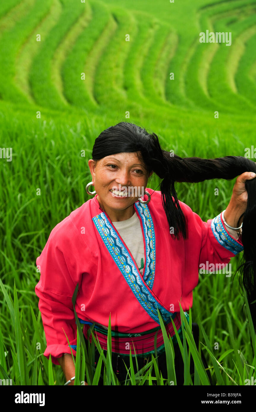 Einen schönen roten Yao zeigt ihr langes Haar in die Longji Reisterrassen, Guangxi, China Stockfoto