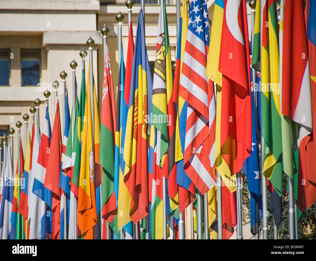 Flaggen der vielen Nationen außerhalb der Vereinten Nationen Stockfoto