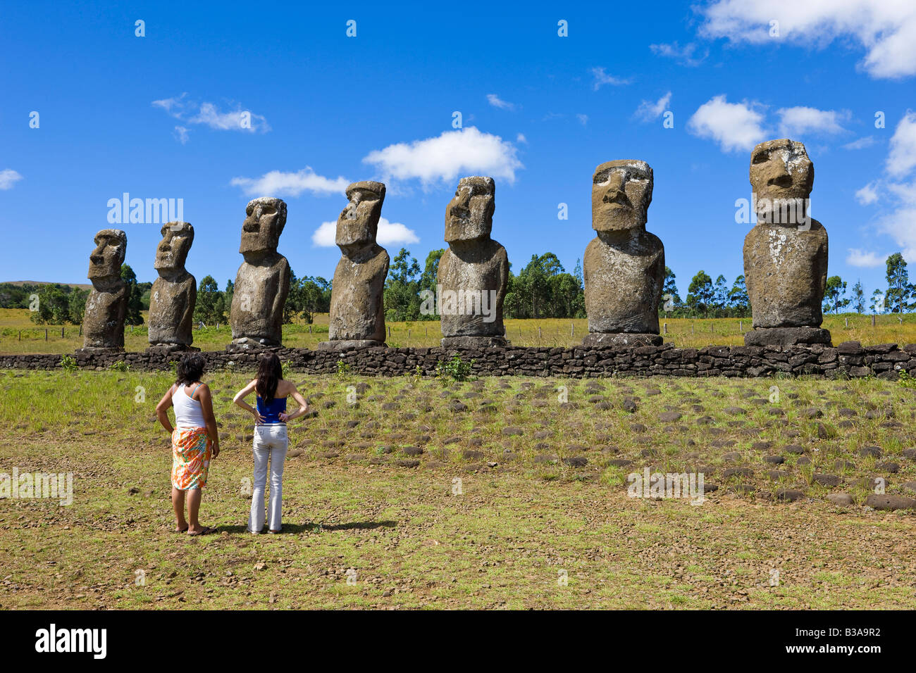 Chile, Rapa Nui, Osterinsel, Ahu Akivi, Reihe von monolithischen steinernen Moai Statuen Stockfoto