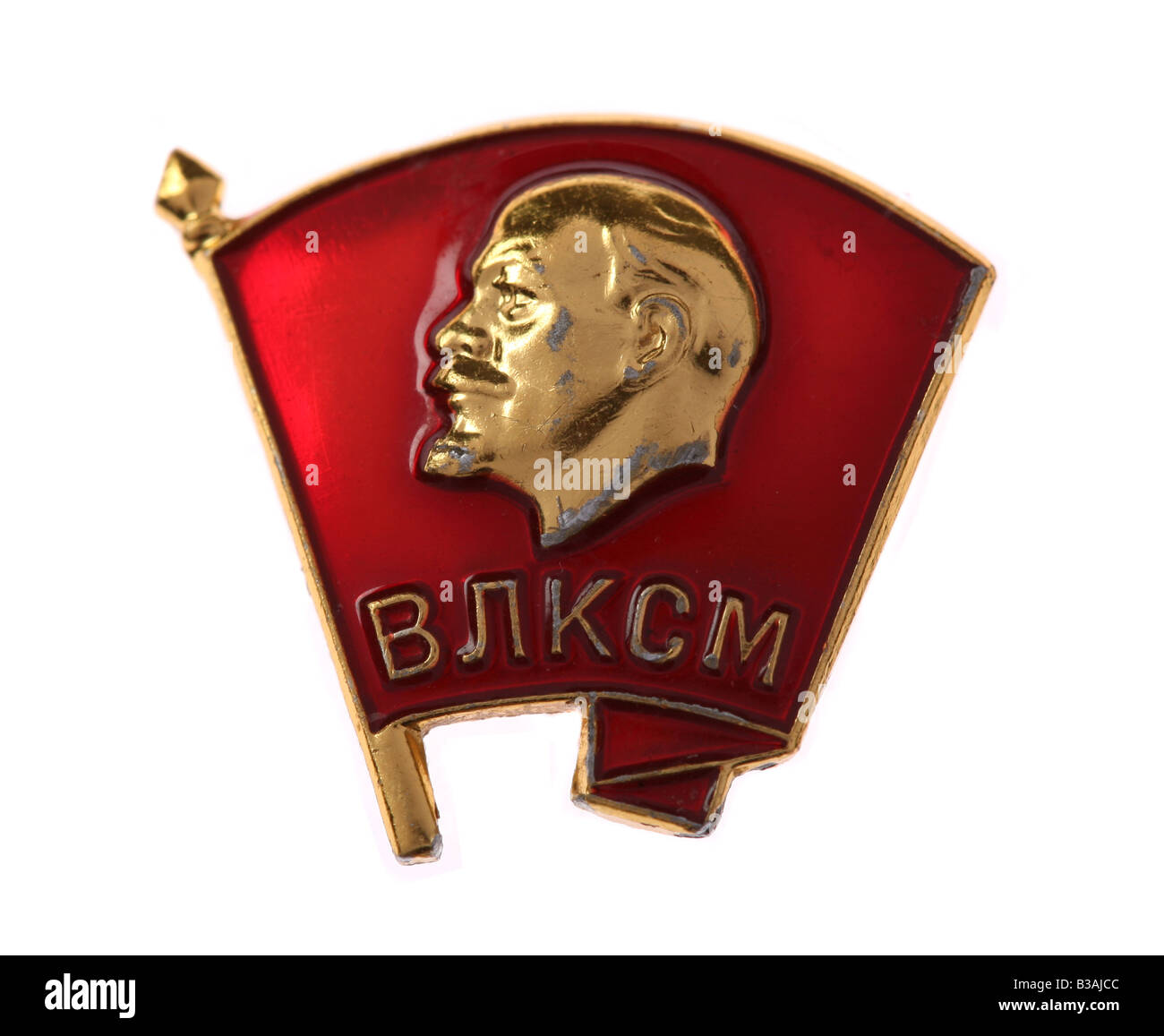 Sowjetische Komsomol Mitglied (junge kommunistische Liga) Abzeichen mit Porträt Lenins isoliert auf weiss Stockfoto