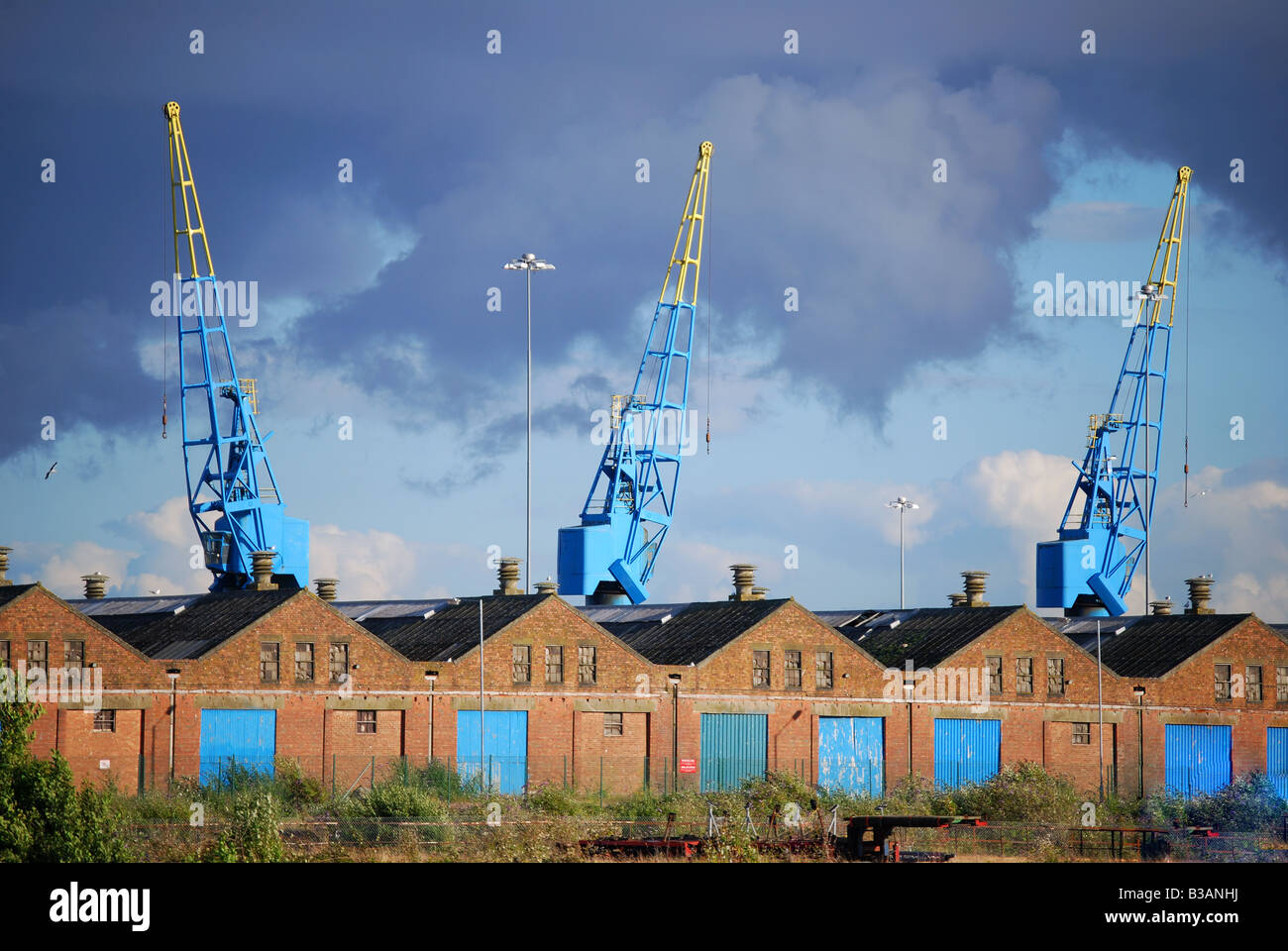 Alten Werften und Kräne, Bucht von Cardiff, Cardiff, Wales, Vereinigtes Königreich Stockfoto