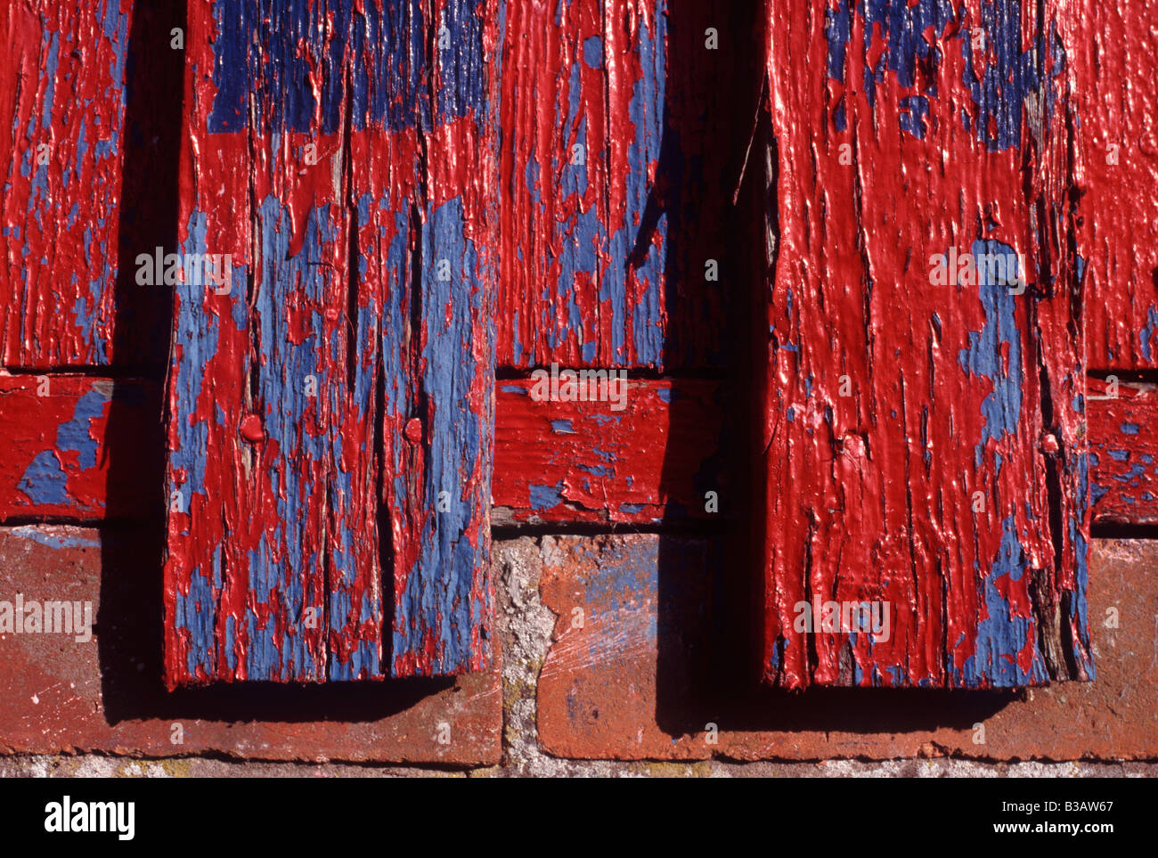 Peeling-rot auf blauen Farbe Detail Fenster Auslöser der alten Scheune, Staffordshire, England Stockfoto