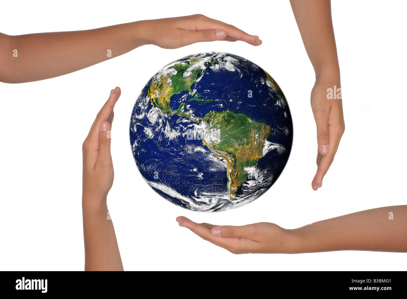 Junge Hände rund um den Globus der Zukunft Stockfoto