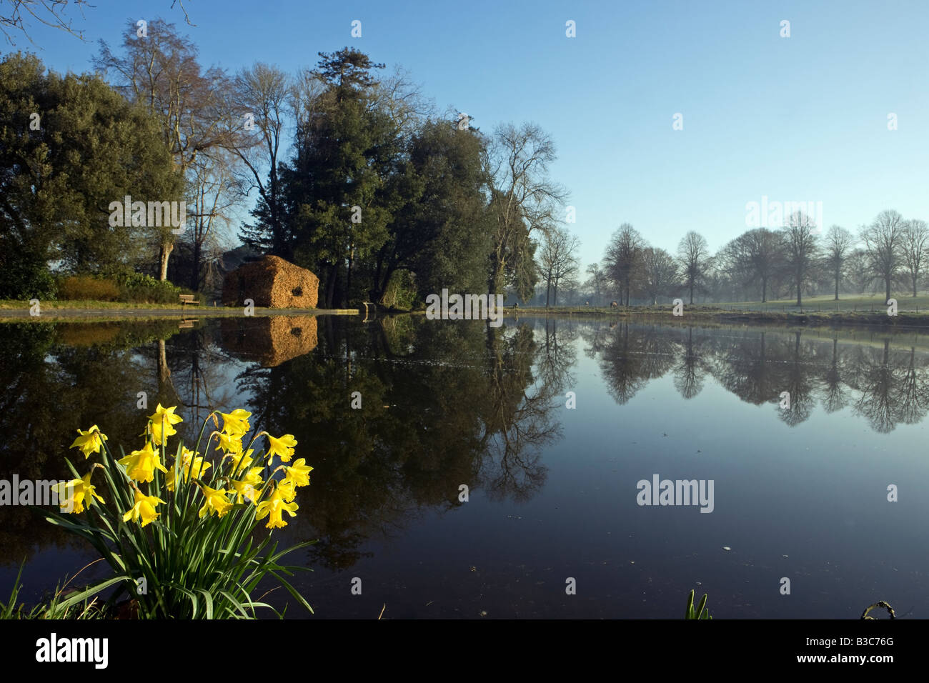 England, Dorset, Thorncombe. Forde Abbey ist Teil der Grenze zwischen Dorset und Somerset und seine elegante ehemalige Zisterzienserkloster und seinen 30 Hektar Award preisgekrönten Gärten befindet sich in ein Gebiet von außergewöhnlicher natürlicher Schönheit machen es zu einem führenden touristischen Standorten West Dorsets. Hier ist der große Teich von "Beech House" übersehen. Stockfoto