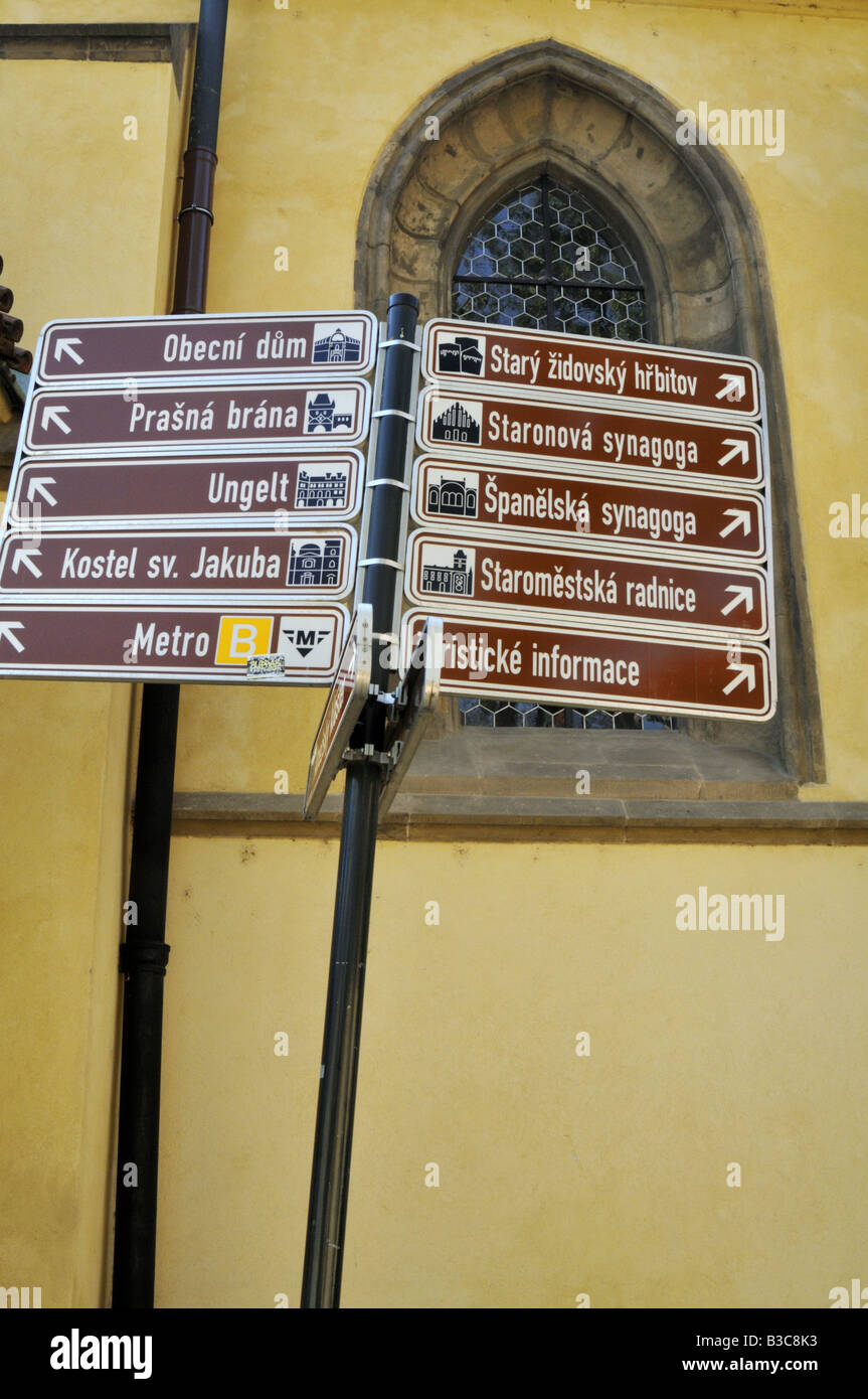 Wegweiser durch die St. Castullus-Kirche zu Attraktionen und Einrichtungen in und um die Josefstadt (Josefov) Gegend von Prag Stockfoto