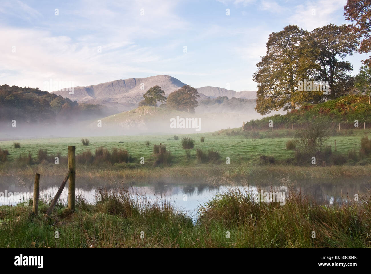 Der Fluß Brathay nebliger Morgen im Lake District Stockfoto