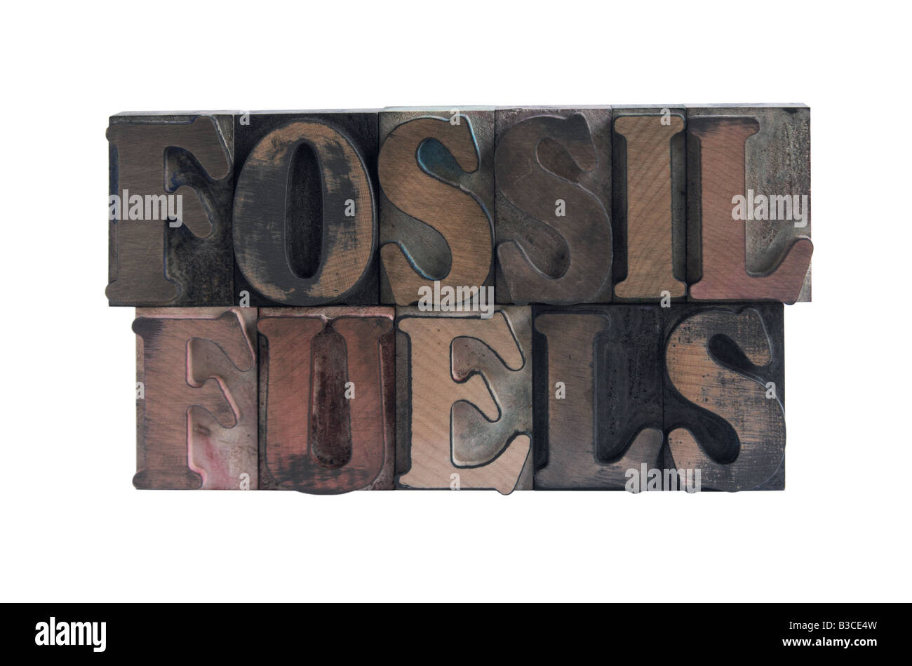 der Begriff "fossile Brennstoffe" in alten, blau gefärbten Holzart Stockfoto