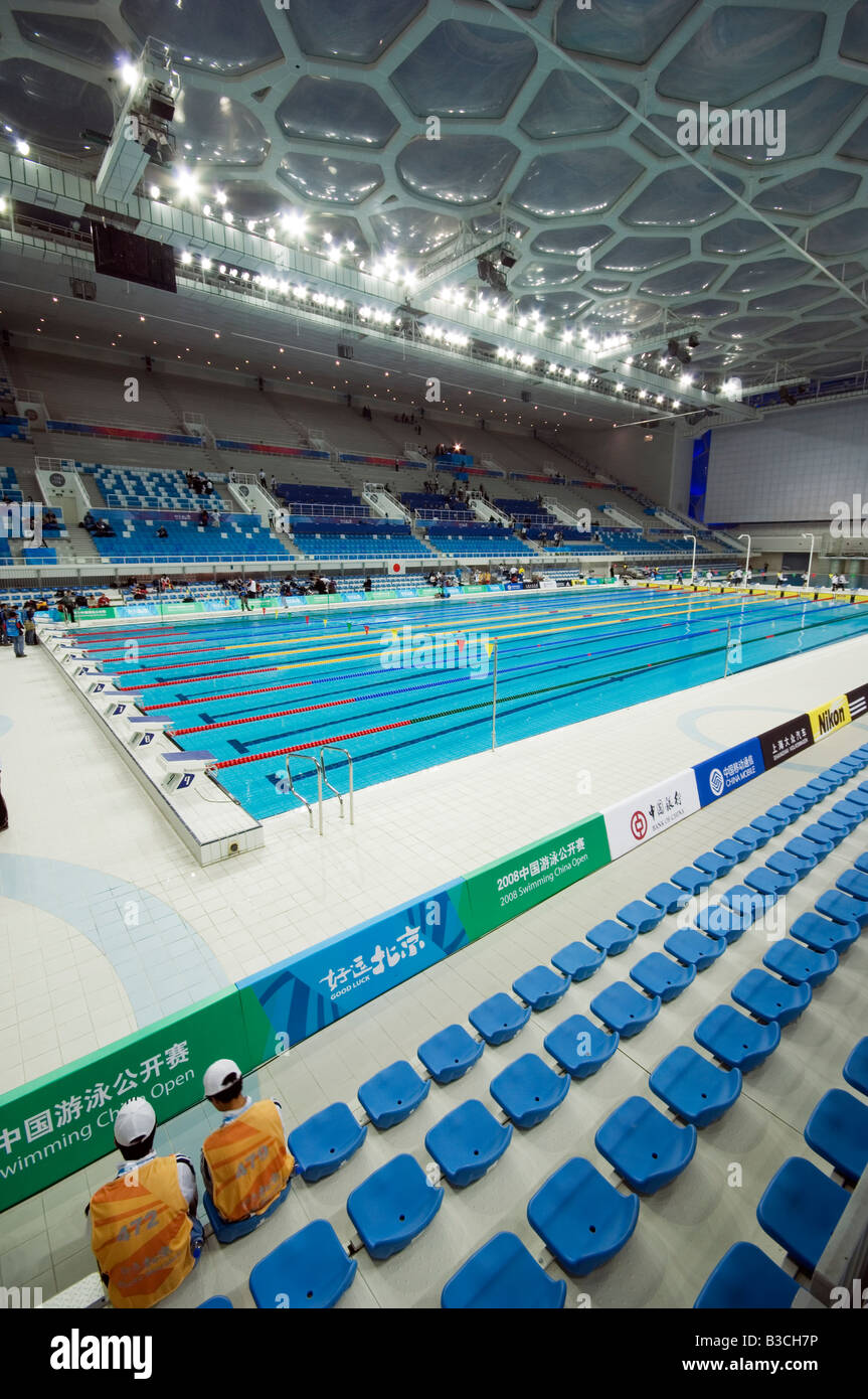 China, Peking. Der Water Cube National Aquatics Center Schwimmhalle im Olympiapark. Stockfoto