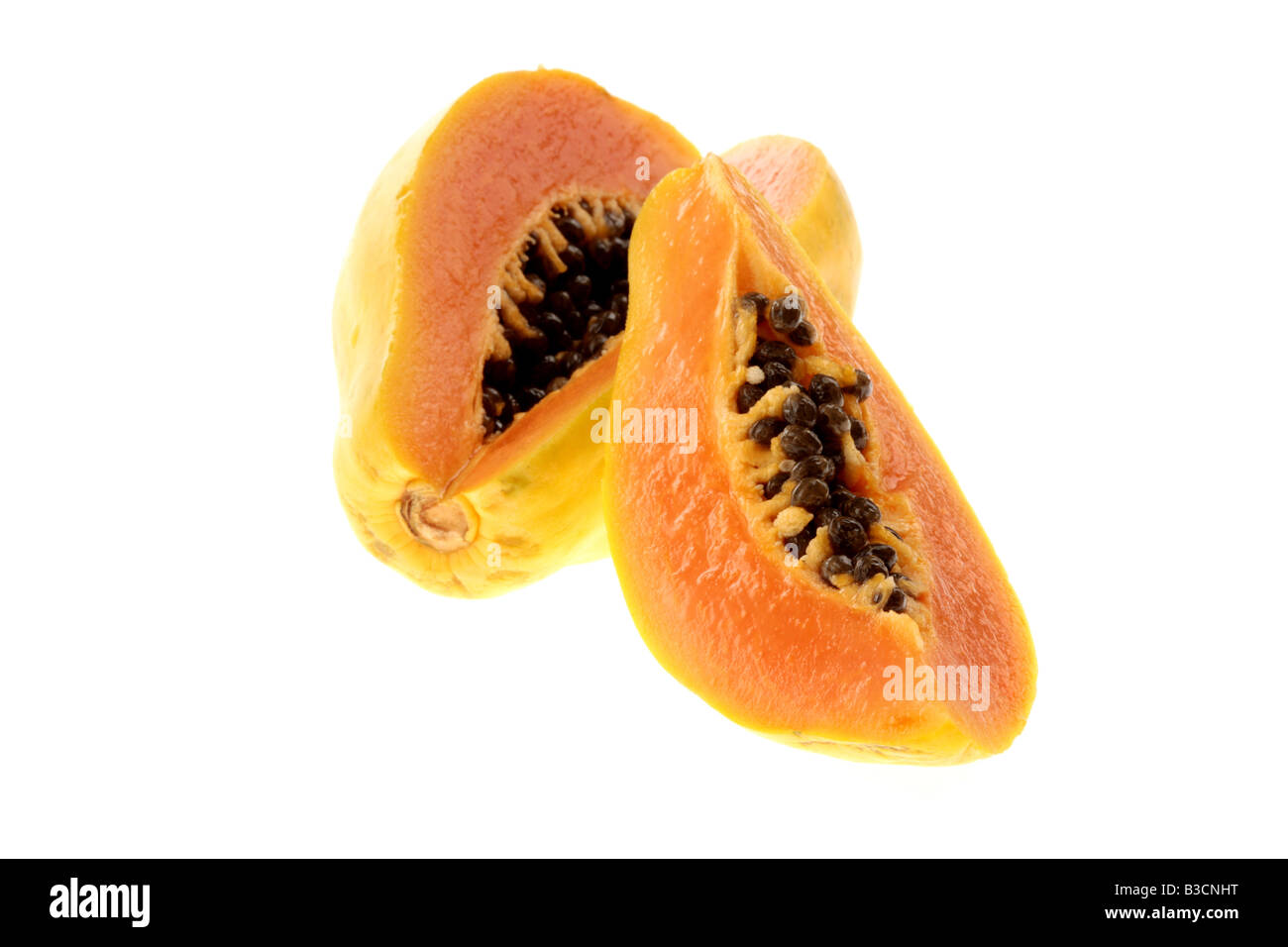 Frische reife gesund süßen sanften, tropischen Papaya Obst isoliert gegen einen weißen Hintergrund mit keine Menschen und einen Freistellungspfad Stockfoto