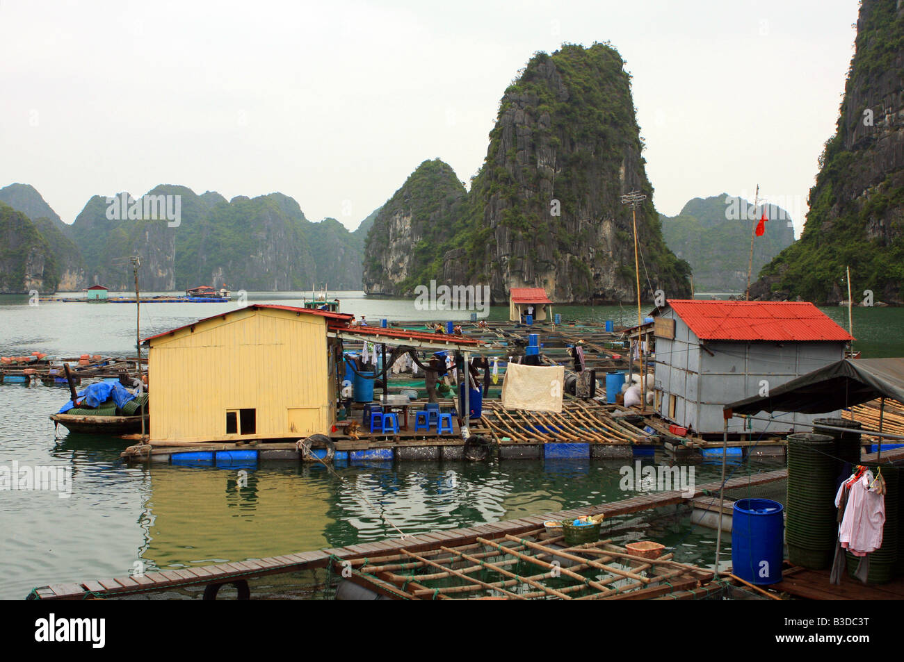 Schwimmende Fischfarmen in Halong Bay, Provinz Quang Ninh, Vietnam, Asien Stockfoto