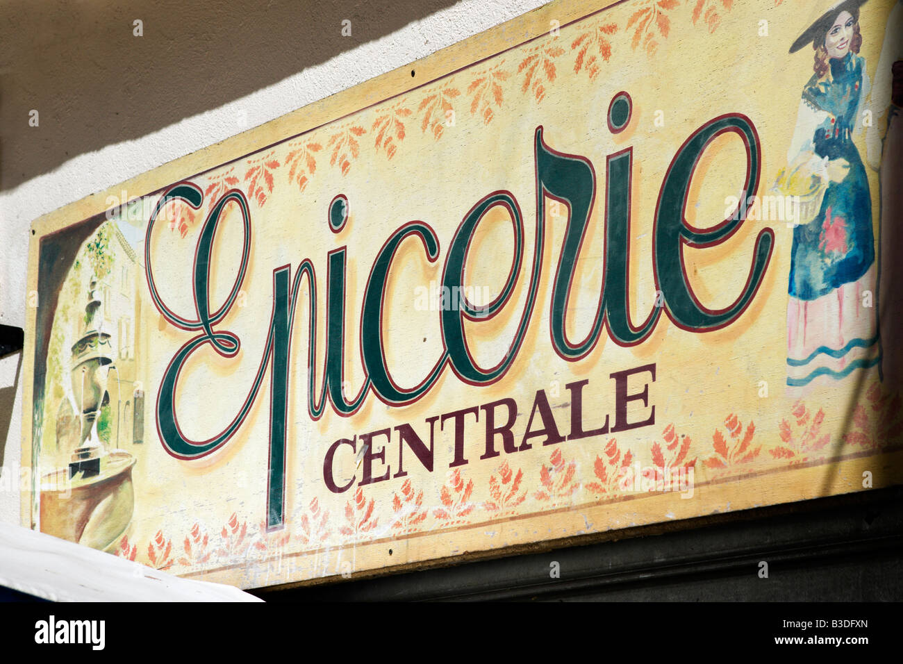 Jugendstil-Schild draußen Lebensmittelgeschäft in der Altstadt (Vieux Nice), Nizza, Côte d ' Azur, Côte d ' Azur, Frankreich Stockfoto