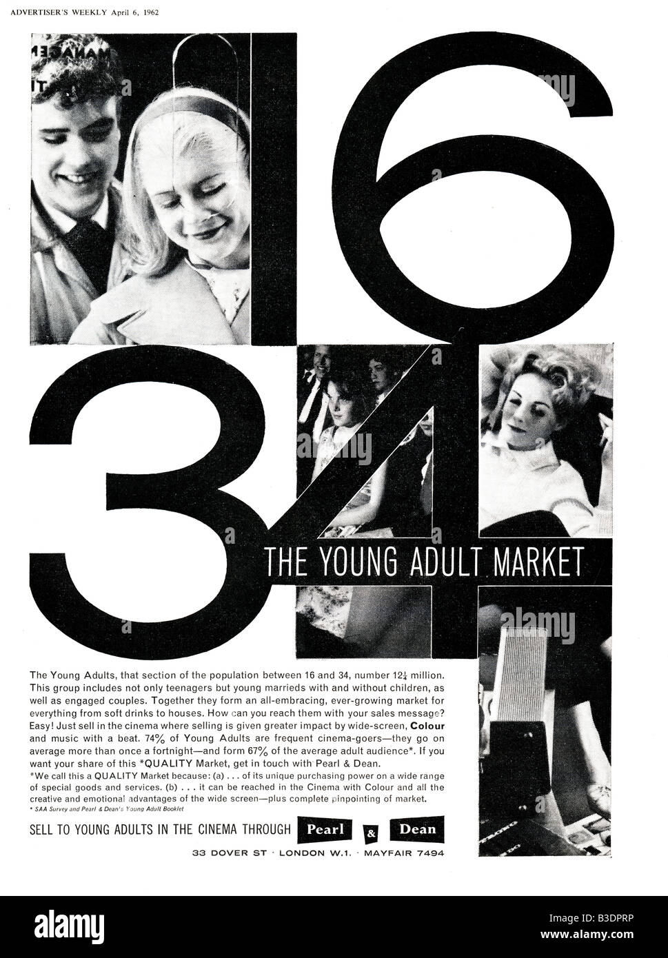Anzeige für Pearl & und Dean Kinowerbung von werbenden Weekly Journal Magazin 6. April 1962 nur zu redaktionellen Zwecken Stockfoto