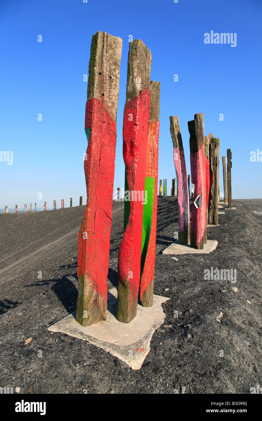D-Bottrop, Ruhrgebiet, Nordrhein-Westfalen, Bottrop-Fuhlenbrock, Halde Haniel, Wahrzeichen, Plateau, oben auf der Halde, Kunstobjekt "Totems" Eisenbahn-Schwellen von Maler und Bildhauer Agustín Ibarrola, IBA-Projekt International Building Ex gebaut Stockfoto
