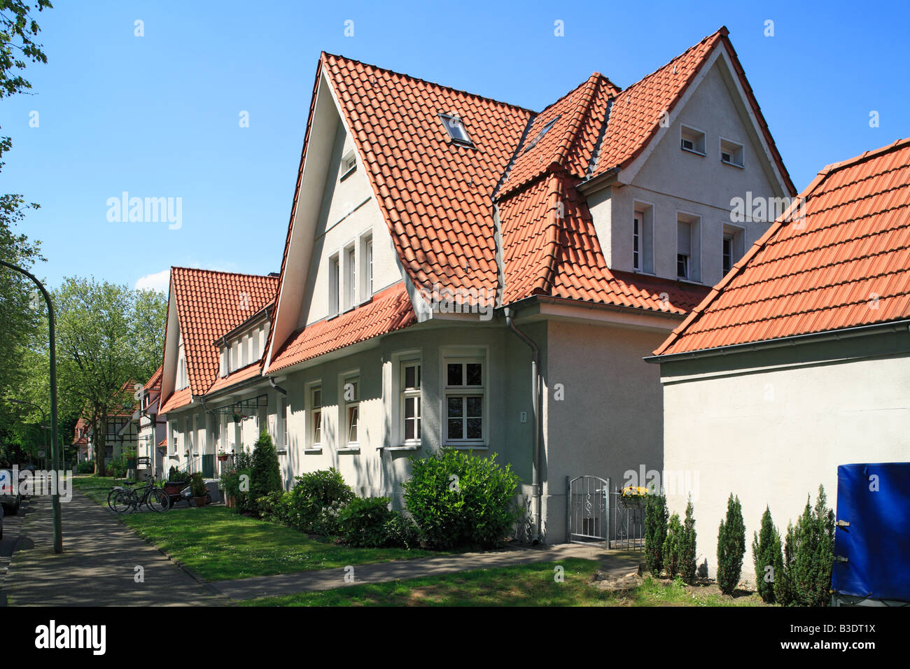Route der Industriekultur, Internationale Bauausstellung Emscher, IBA, die Gartenstadt Welheim in Bottrop-Welheim, Bergarbeitersiedlung, Wohnhaeuser, Stockfoto