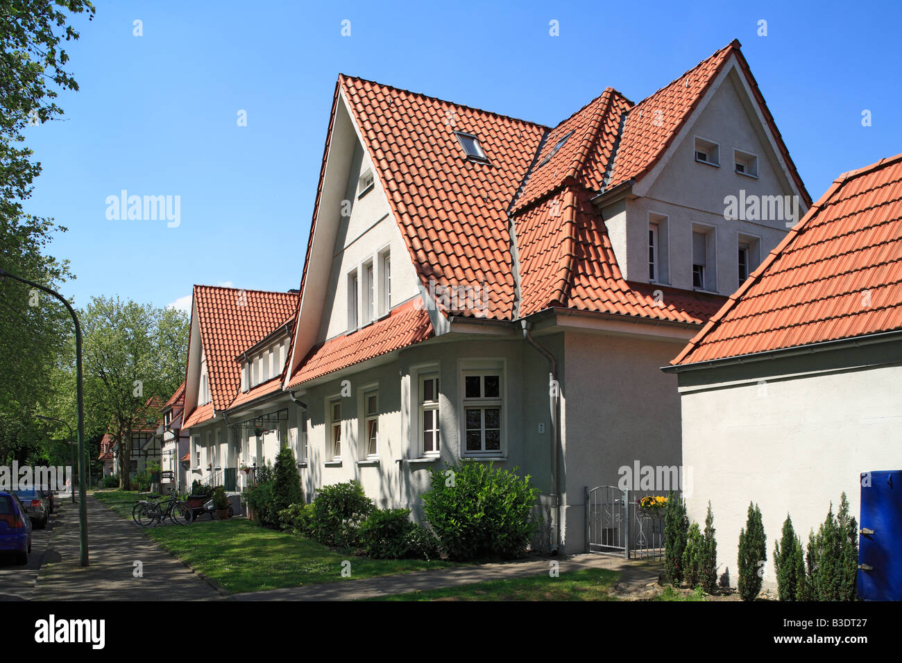 Route der Industriekultur, Internationale Bauausstellung Emscher, IBA, die Gartenstadt Welheim in Bottrop-Welheim, Bergarbeitersiedlung, Wohnhaeuser, Stockfoto