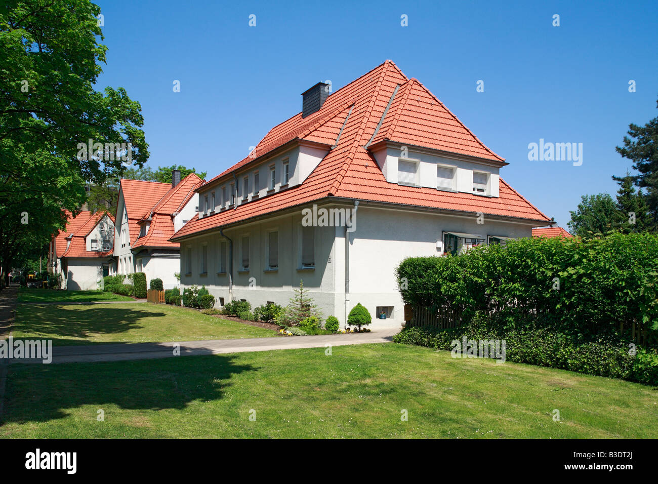 Route der Industriekultur, Internationale Bauausstellung Emscher, IBA, die Gartenstadt Welheim in Bottrop-Welheim, Bergarbeitersiedlung, Wohnhaeuser, Stockfoto