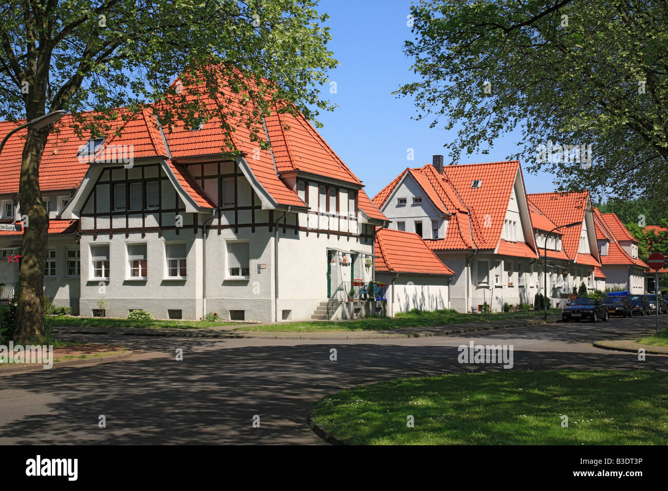 Route der Industriekultur, Internationale Bauausstellung Emscher, IBA, die Gartenstadt Welheim in Bottrop-Welheim, Bergarbeitersiedlung, Wohnhaeuser ich Stockfoto