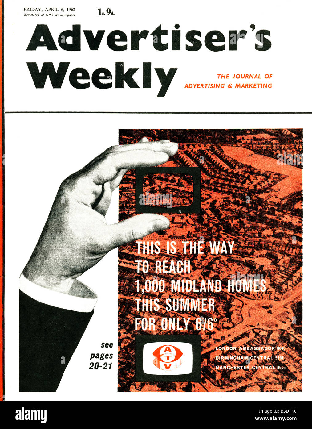Werbenden Weekly Journal Magazin 6. April 1962 mit Frontabdeckung Werbung für ATV Fernsehen für nur zur redaktionellen Nutzung Stockfoto