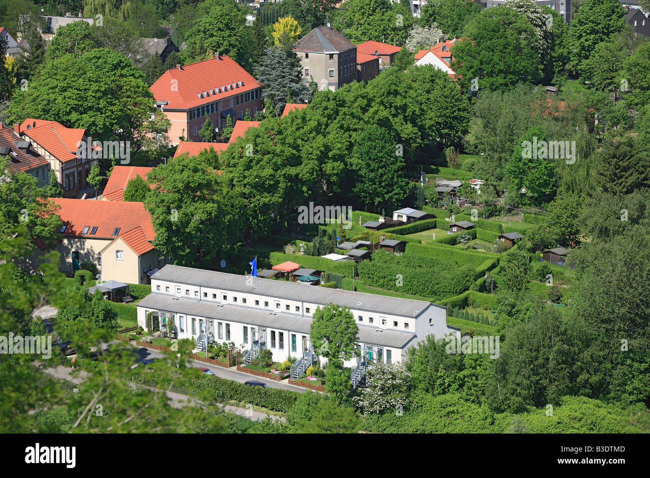 Route der Industriekultur, IBA Emscher, Panoramablick von der Halde Rungenberg Auf Gelsenkirchen-Buer, Siedlung Schuengelberg, Bergarbeitersiedlun Stockfoto