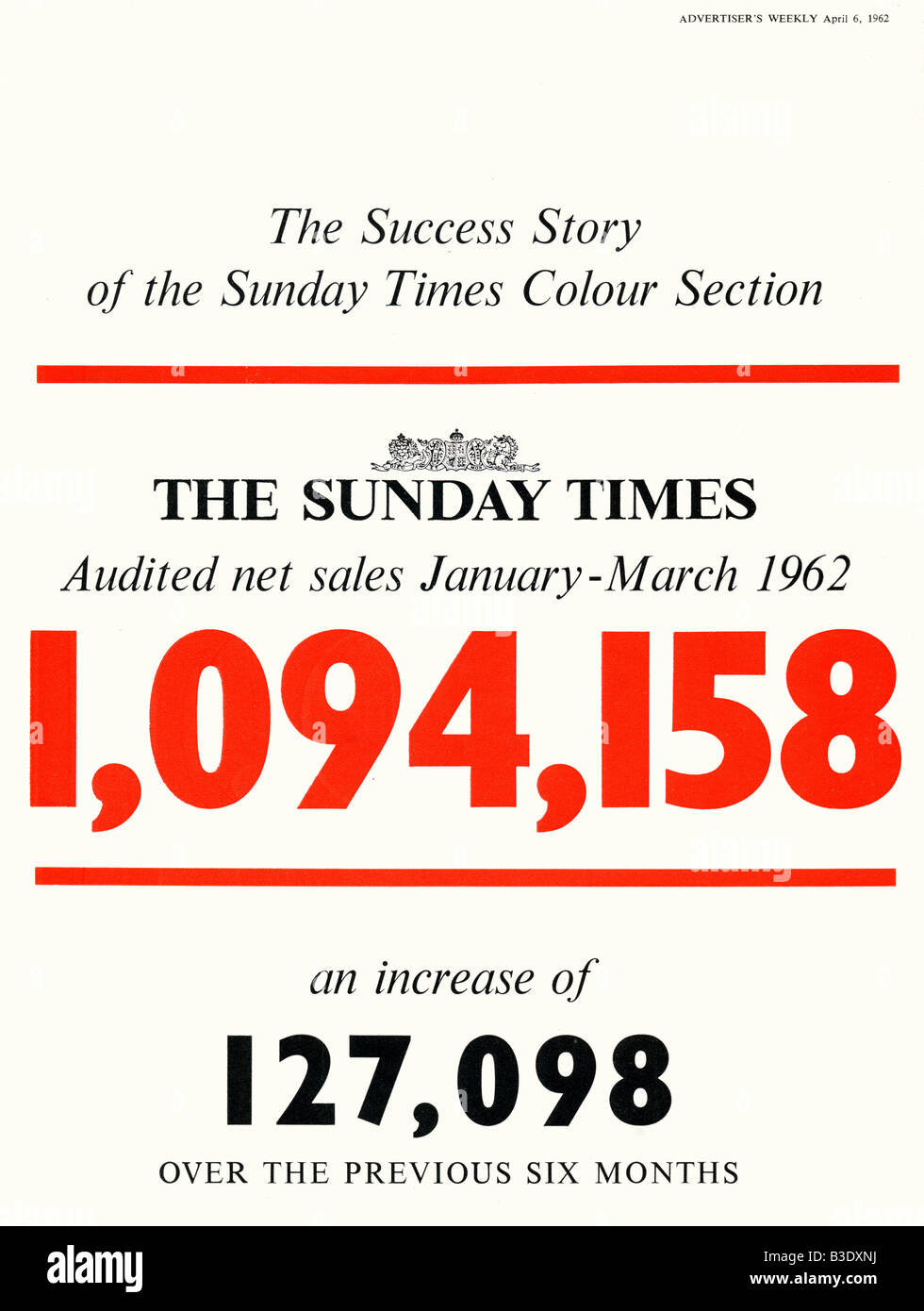 Werbung für Sunday Times Zeitung vom Werbenden Weekly Journal Magazin 6. April 1962 für nur zur redaktionellen Verwendung Stockfoto