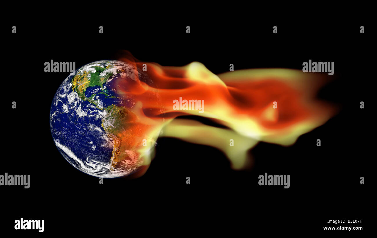 Globale Erwärmung Konzept Planet Erde umgeben von Flammen Stockfoto