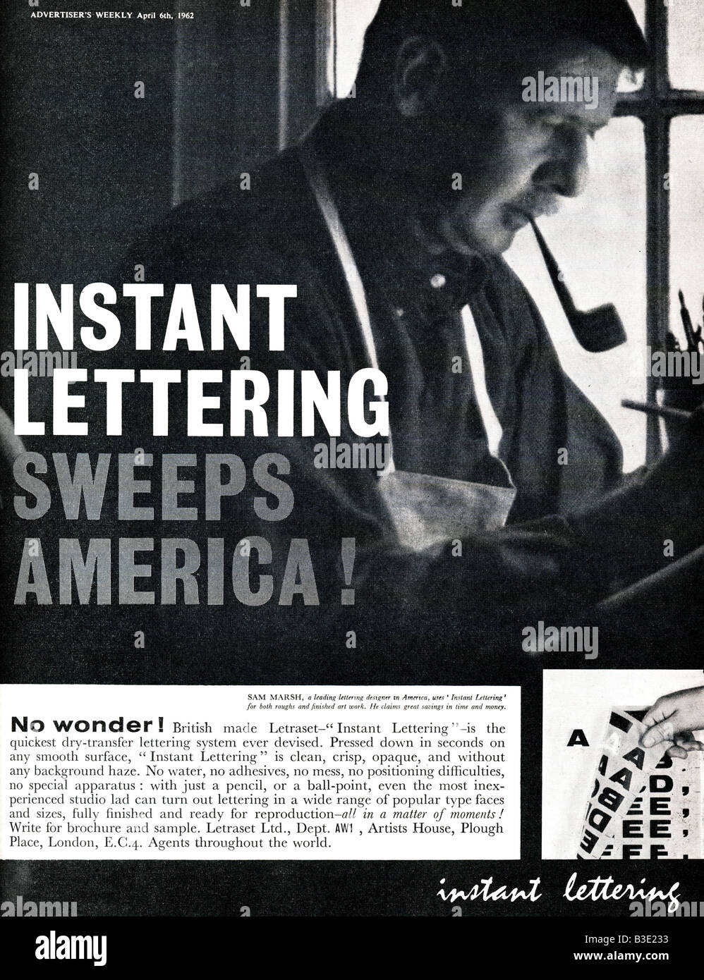 Werbung für Letraset Instant Schriftzug von werbenden Weekly Journal Magazin 6. April 1962 nur zu redaktionellen Zwecken Stockfoto