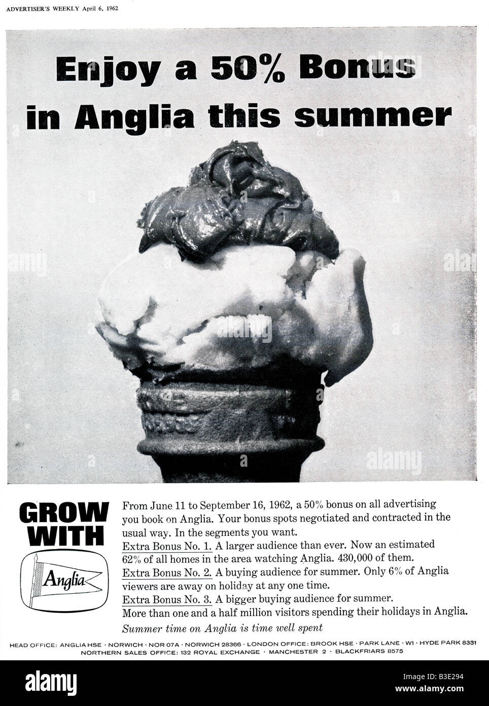 Werbung für kommerzielle Regionalfernsehen Anglia von werbenden Weekly Journal Magazin 6. April 1962 nur zu redaktionellen Zwecken Stockfoto
