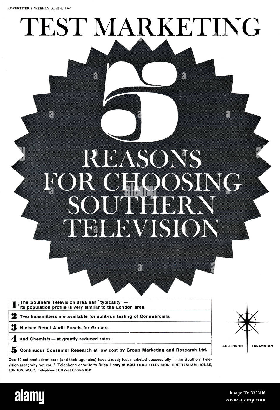 Werbung für südliche kommerzielle Regionalfernsehen von werbenden Weekly Journal Magazin 6. April 1962 nur zu redaktionellen Zwecken Stockfoto