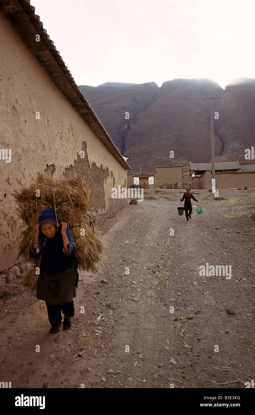 CHINA-FRAU MIT HEU IN DALI YUNNAN PROVINZ 1989 Stockfoto