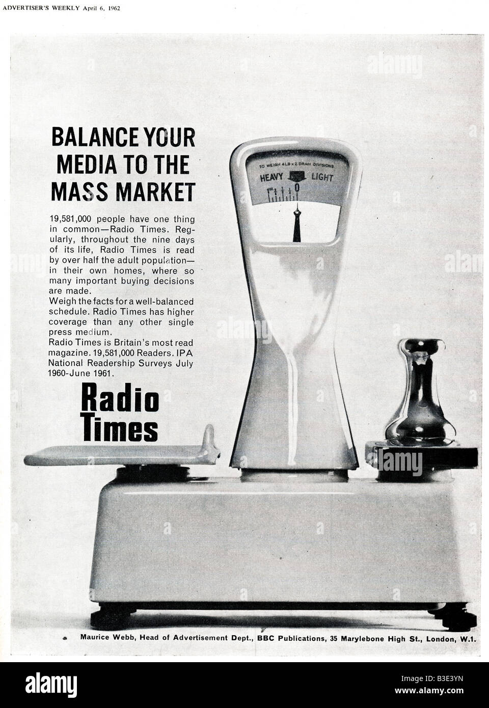 Anzeige für das BBC Radio Times Magazine vom Werbenden Weekly Journal Magazin 6. April 1962 nur zu redaktionellen Zwecken Stockfoto