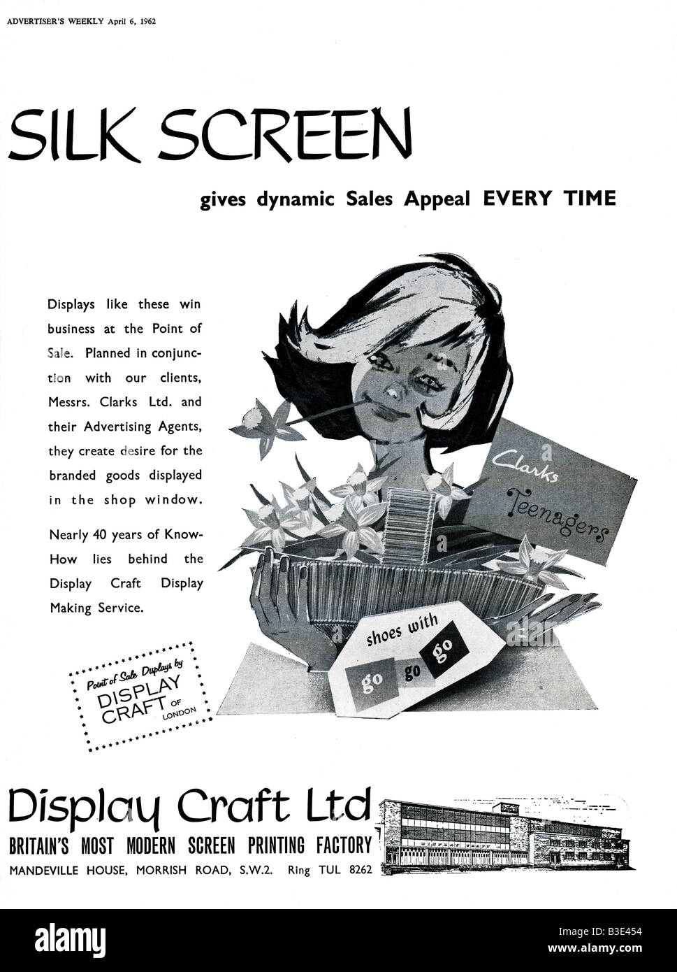 Werbung für Display Handwerk Siebdruck, Drucken von werbenden Weekly Journal Magazin 6. April 1962 nur zu redaktionellen Zwecken Stockfoto