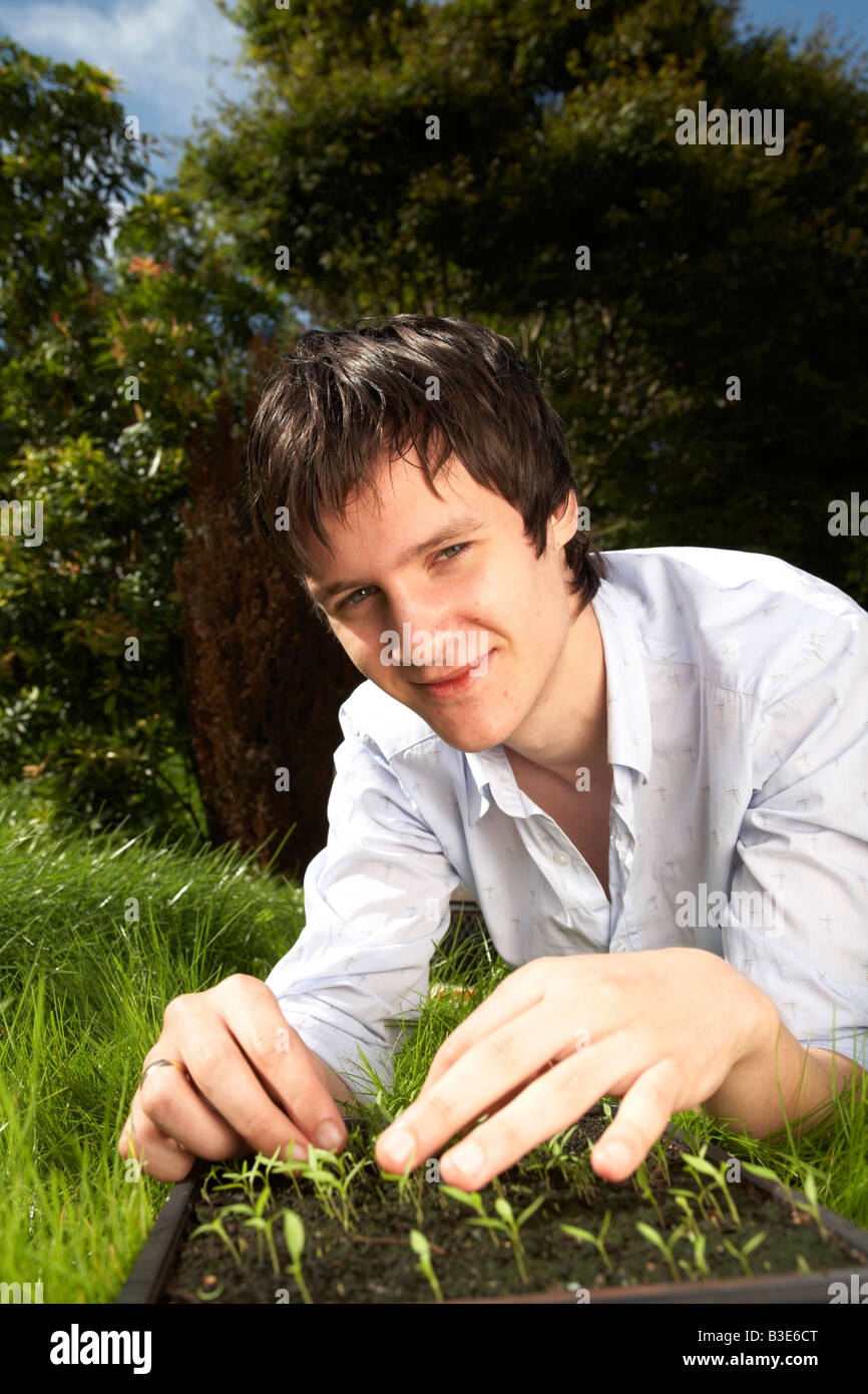 junge dunkelhaarig Mann späten Teenager frühen zwanziger Jahren tendenziell ein Tablett mit Petersilie Kraut Sämlinge in einem Garten Stockfoto