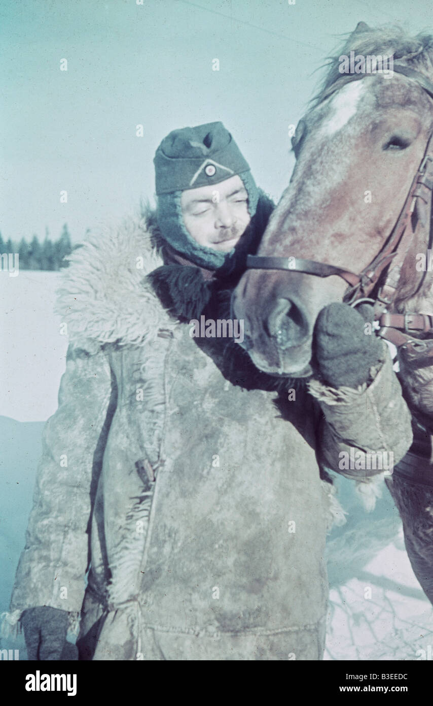 Deutscher Soldat mit Pferd / WWII / 1941 Stockfoto