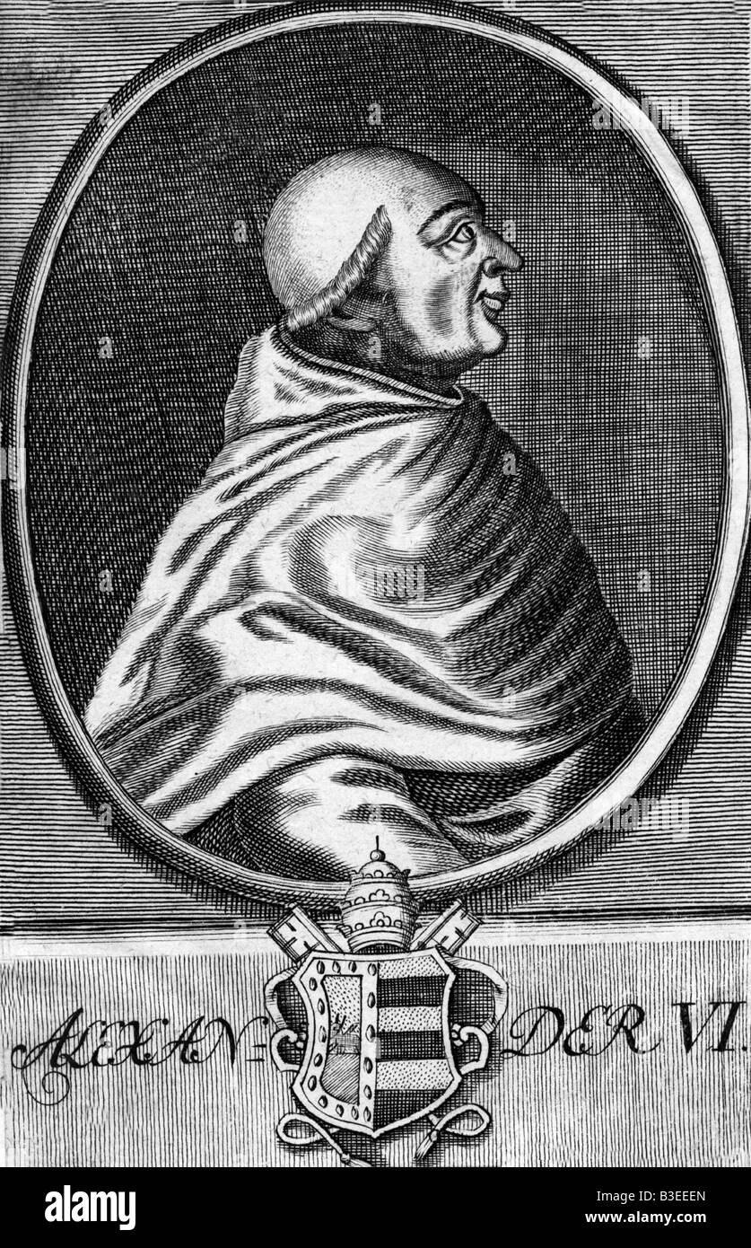 Alexander VI (Rodrigo de Borja) 1.1.1431 - 18.8.1503, Papst 11.8.1492 - 1503, halbe Länge, Seitenansicht, Gravur ca. aus dem 18. Jahrhundert, Borgia, Spanier, Renaissance, Wappen, Italien, 15./16. Jahrhundert, Artist's Urheberrecht nicht gelöscht werden Stockfoto