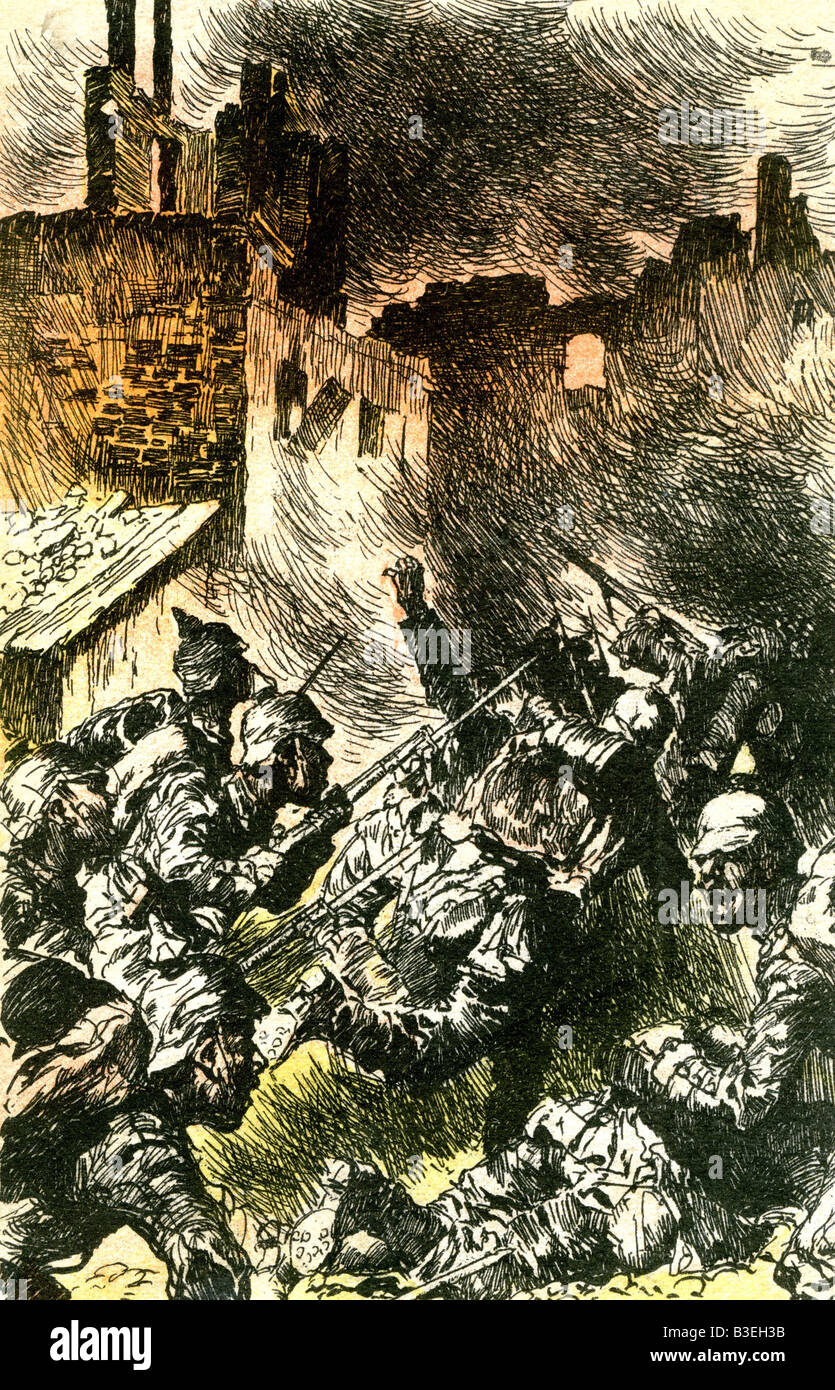 Veranstaltungen, Erster Weltkrieg/erster Weltkrieg, Militärpostkarten, "Schuttenbauch" (Assault), Zeichnung von Anton Hoffmann, Deutschland, 1914, Stockfoto