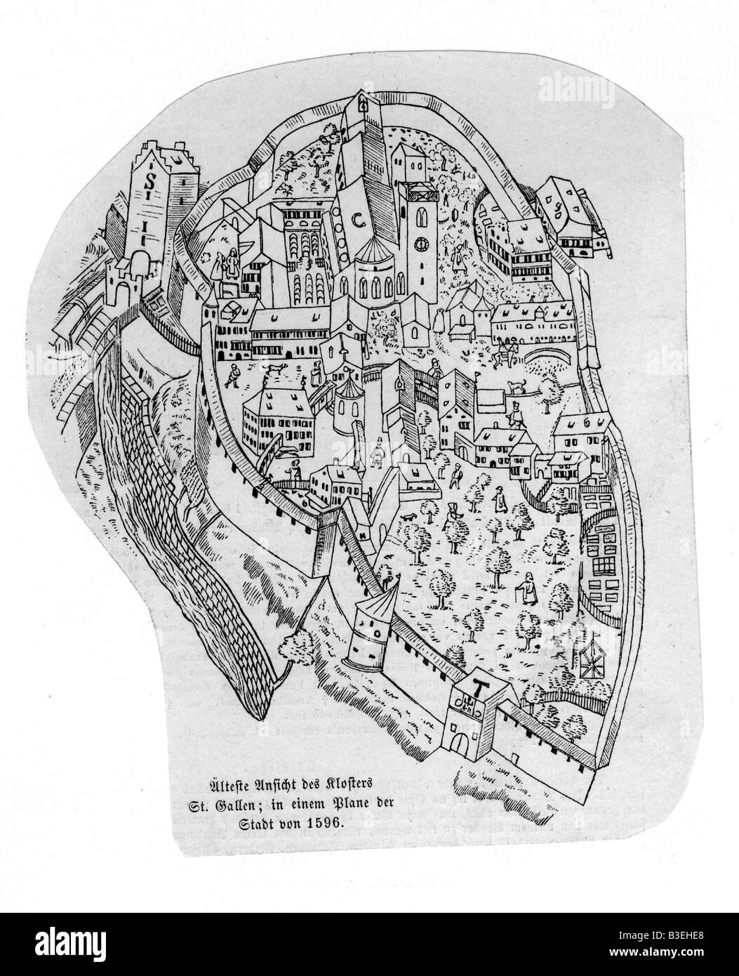 Geographie/Reise, Schweiz, St. Gallen, Stift, (gegründet im 7. Jahrhundert), älteste Ansicht, von Stadtplan 1596, Stockfoto