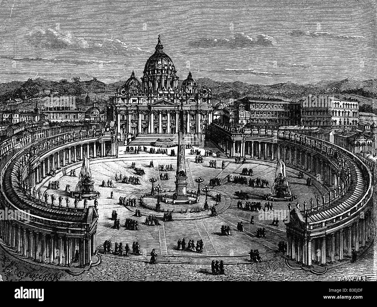 Geographie/Reise, Italien, Rom, Vatikan, Petersplatz und Petersdom, Außenansicht, Gravur, 19. Jahrhundert, auf der rechten Seite Sixtinische Kapelle, Europa, Kathedrale Sankt Peters, Platz, Kolonnaden, Obelisk, Architektur, Brunnen, Menschen, Peter, Piazza di San Pietro, San Pietro in Vaticano, historische, historische, UNESCO-Welterbestätte, Stockfoto