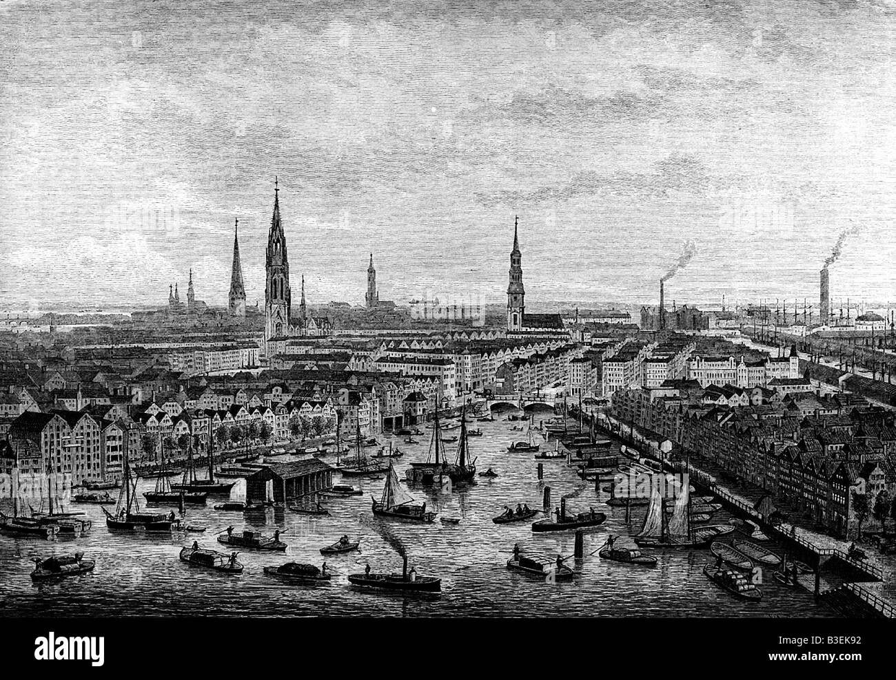 Geographie/Reise, Deutschland, Hamburg, Stadtansicht/Stadtansichten, Katharinenkirche, Blick von der Elbe, Gravur, 1883, Stockfoto