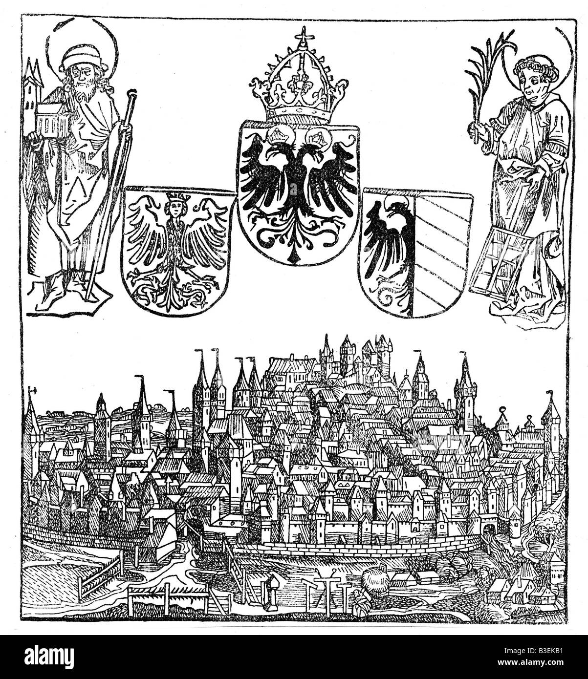 Geographie/Reise, Deutschland, Nürnberg, Ansicht, Wappen, Sankt Sebaldus, Sankt Laurentius, Holzschnitt, ca. 1450, Stockfoto