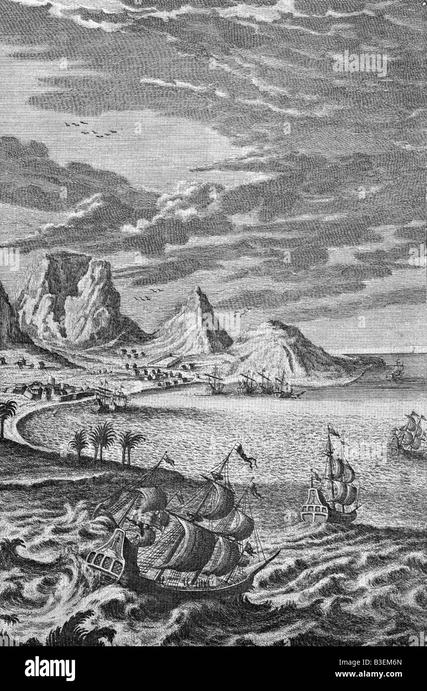 Geographie/Reise, Südafrika, Kapstadt (Baujahr 1652), Blick in Richtung Tafelbucht, Tafelberg & Kappe der Guten Hoffnung, Gravur für "Physica sacra" von Johann Jakob Scheuchzer, Ulm, 1731 - 1735, Stockfoto