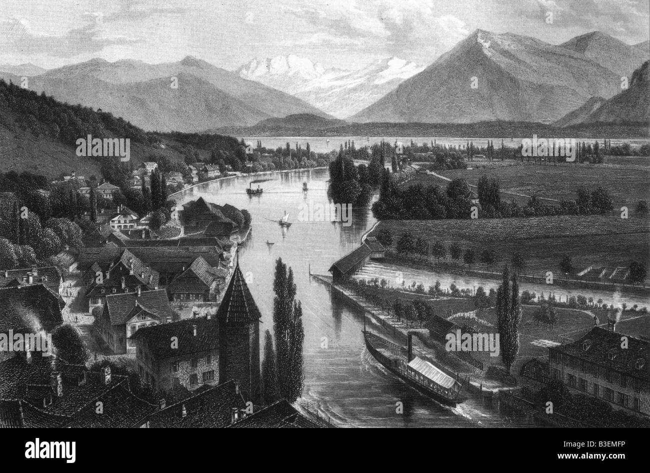 Reise / Geographie, Schweiz, Thun, Blick auf den Thunersee, Gravur durch Heisinger, ca. 1860, Stockfoto