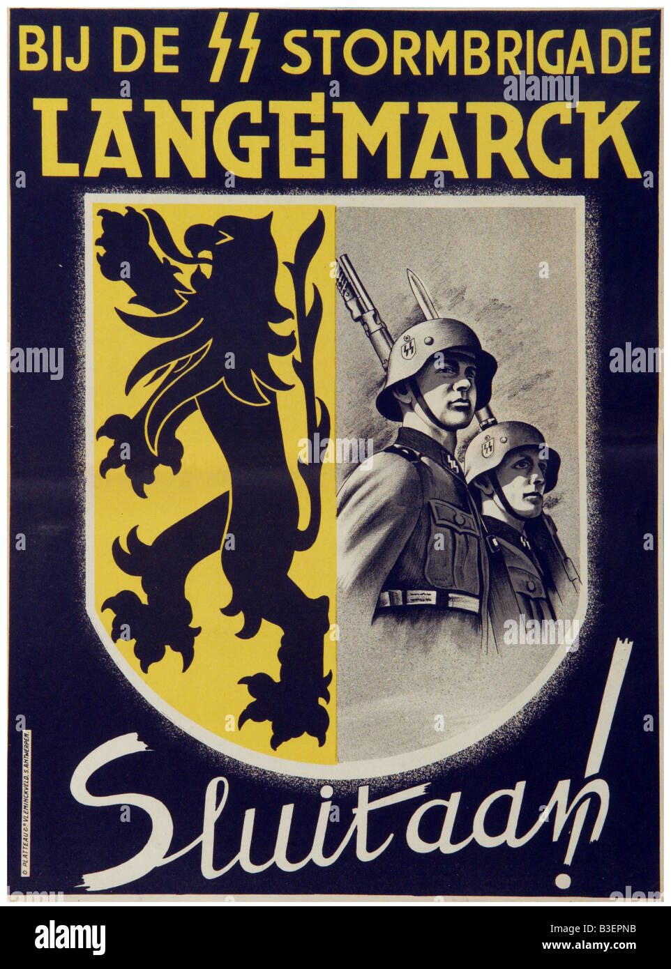 Nationalsozialismus/Nationalsozialismus, Organisationen, Schutzstaffel (SS), bewaffnete SS, flämisches Rekrutierungsplakat für 'Stormbrigade Lanhemarck', 1943/1944, Stockfoto