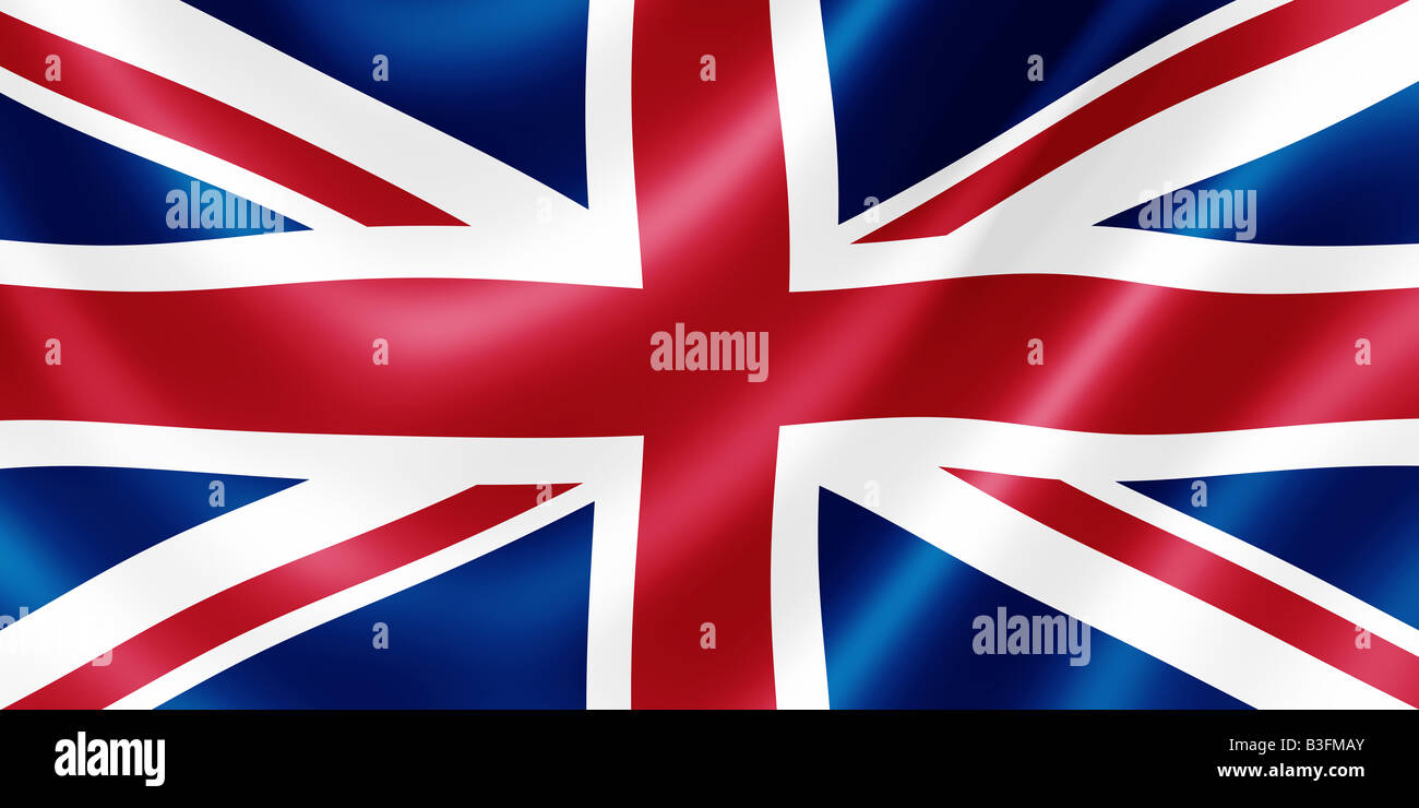 Illustration von Anschluß-Markierungsfahne (Union Jack) im Wind wehen. Stockfoto