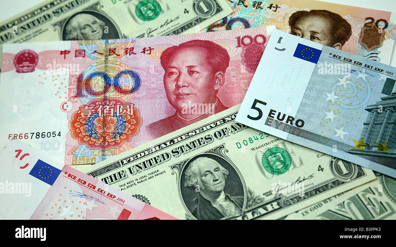 Chinesischen, amerikanischen und europäischen Währung Stockfoto