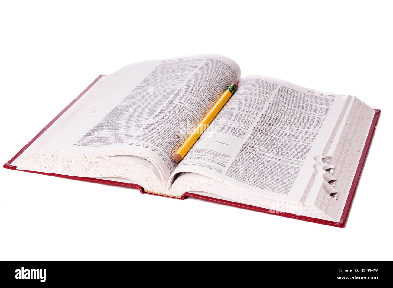 Ein offenes Wörterbuch isoliert auf weißem Hintergrund Stockfoto