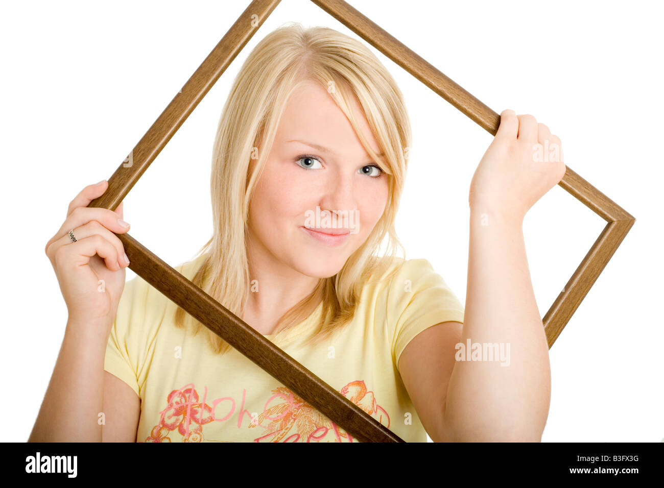 Mädchen mit Bilderrahmen Stockfoto