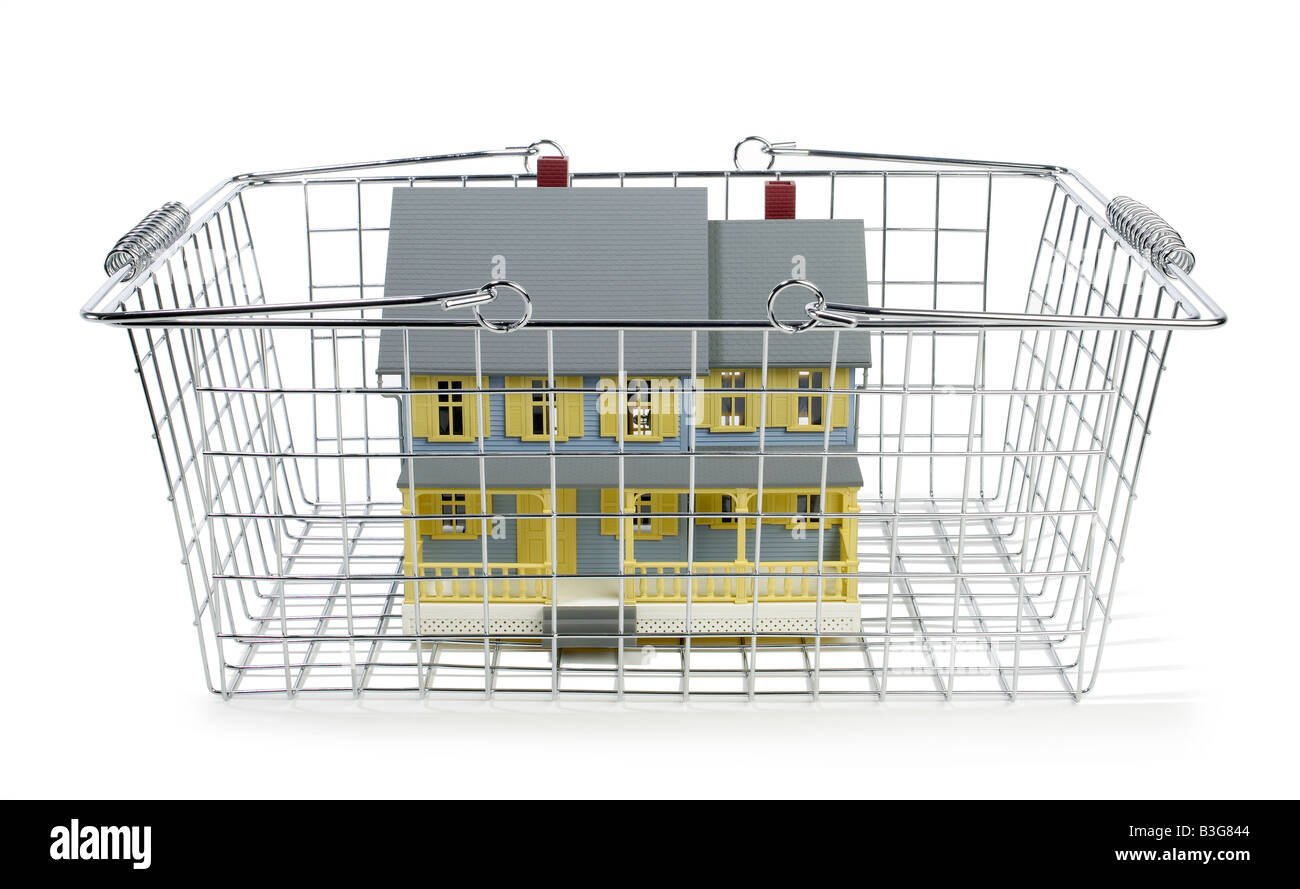 Warenkorb mit Puppenhaus Stockfoto
